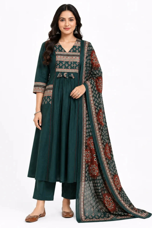 Women's Dark Green Printed Cotton Kurta Pant & Dupatta Set