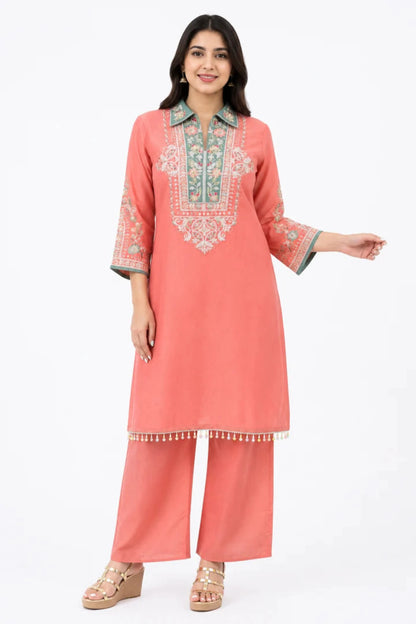 Women's Peach Embroidered Kurta Palazzo Set
