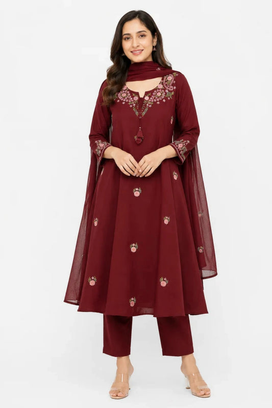 Women's Maroon Floral Embroidered Kurta Pant & Dupatta Set