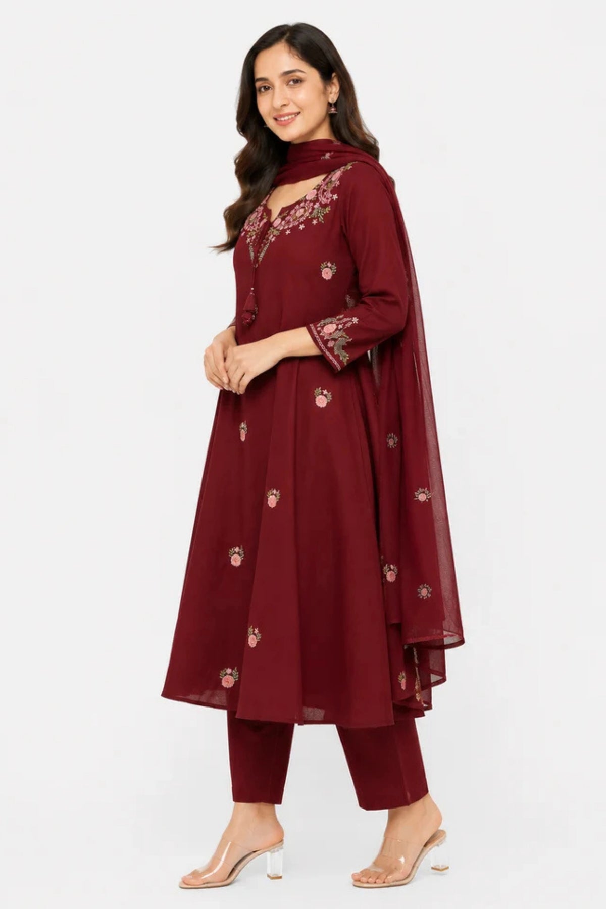 Women's Maroon Floral Embroidered Kurta Pant & Dupatta Set