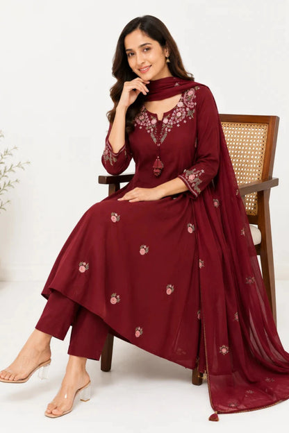 Women's Maroon Floral Embroidered Kurta Pant & Dupatta Set