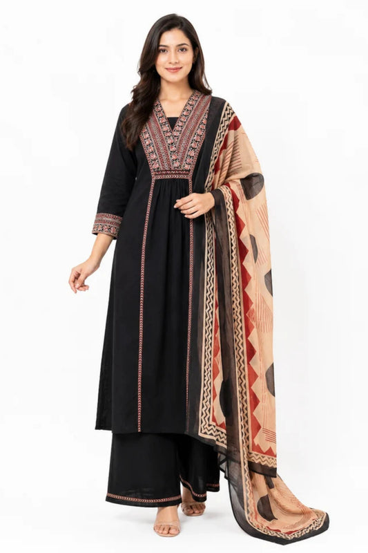 Black Embroidered Kurta Palazzo Set with Printed Dupatta for Women