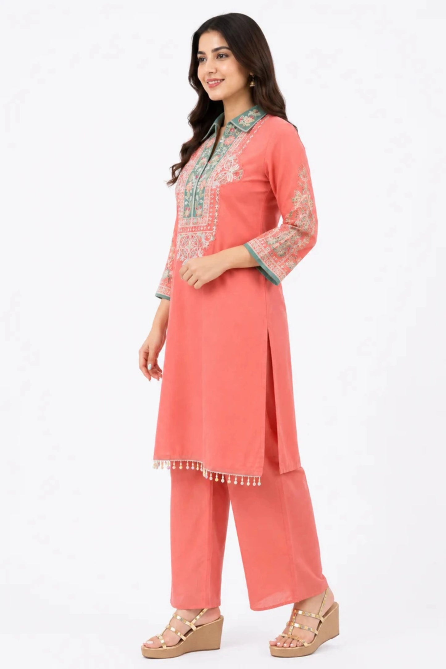 Women's Peach Embroidered Kurta Palazzo Set
