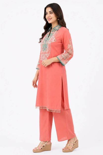 Women's Peach Embroidered Kurta Palazzo Set