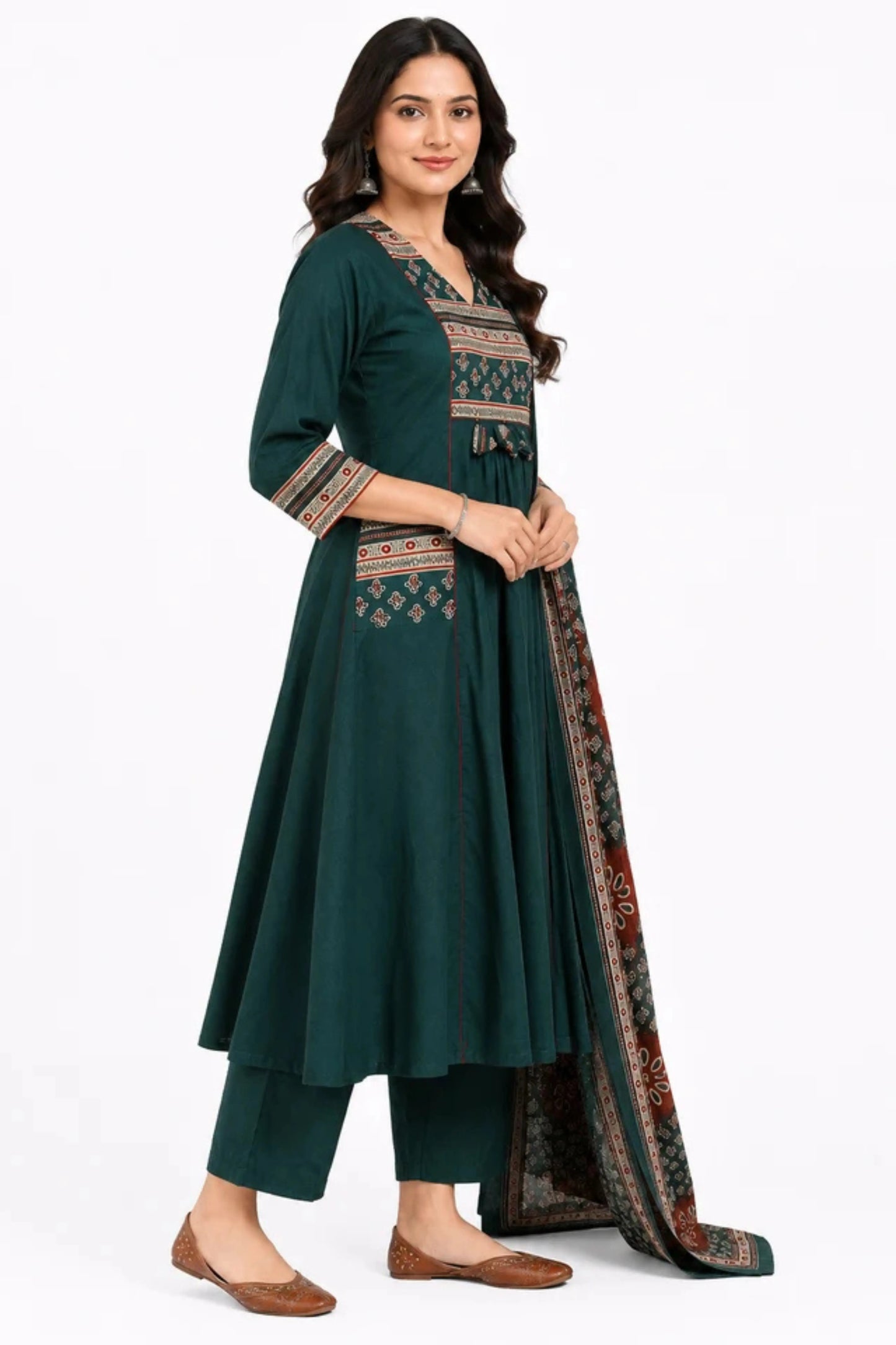 Women's Dark Green Printed Cotton Kurta Pant & Dupatta Set