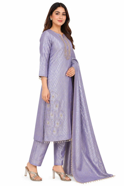 Lavender Jacquard Embroidered Kurta Set with Woven Dupatta