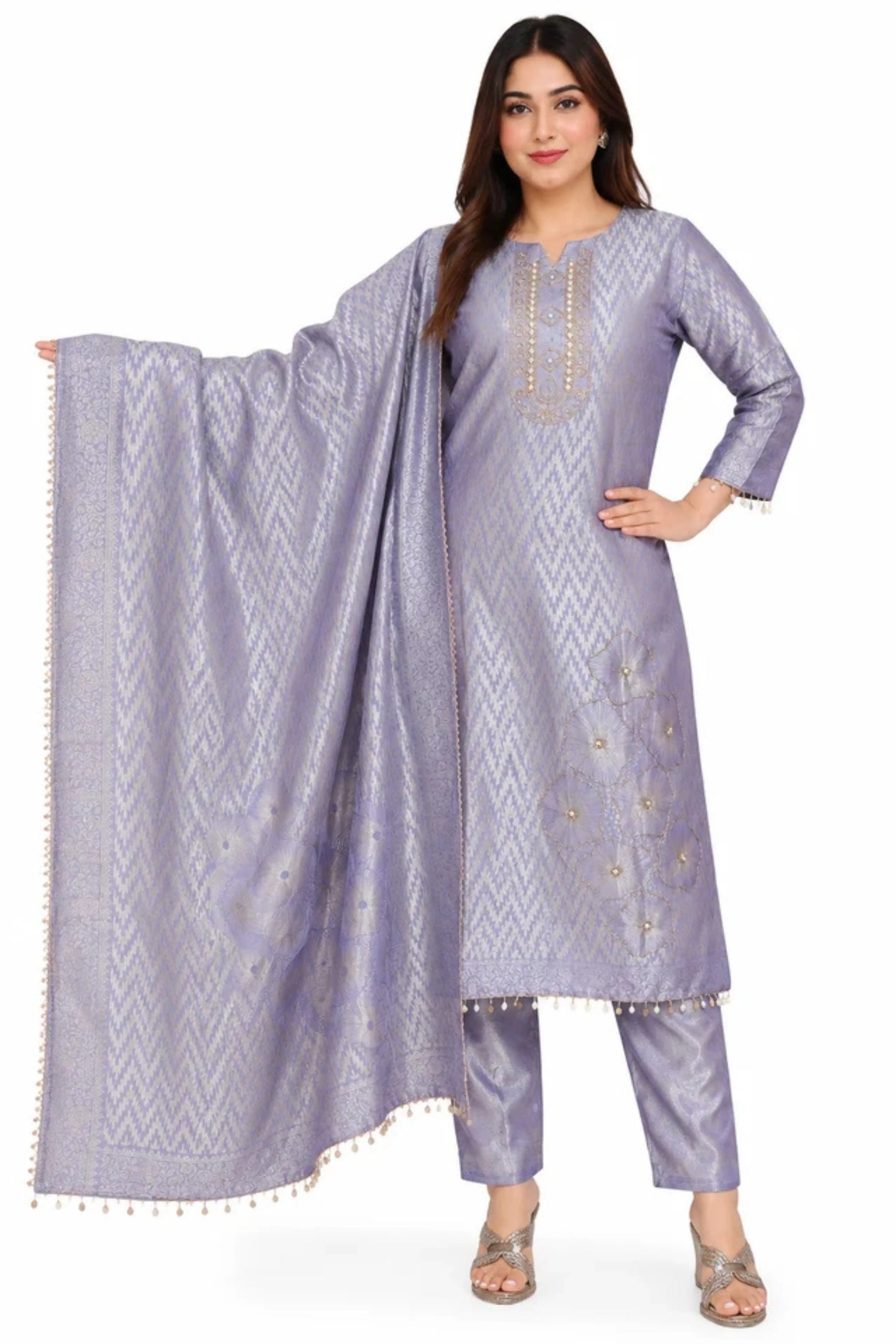 Lavender Jacquard Embroidered Kurta Set with Woven Dupatta