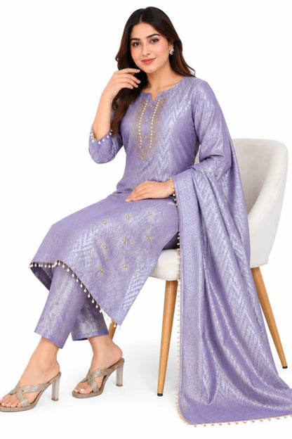 Lavender Jacquard Embroidered Kurta Set with Woven Dupatta