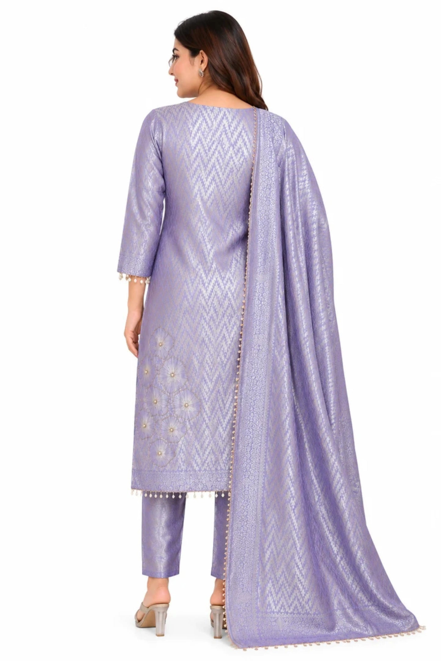 Lavender Jacquard Embroidered Kurta Set with Woven Dupatta