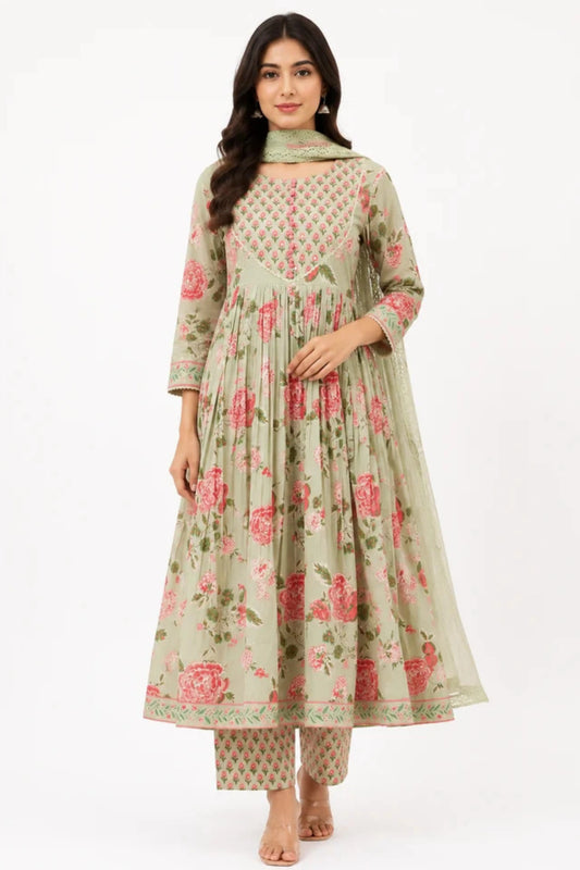 Women's Sage Green Floral Printed Anarkali Kurta Pant Dupatta Set