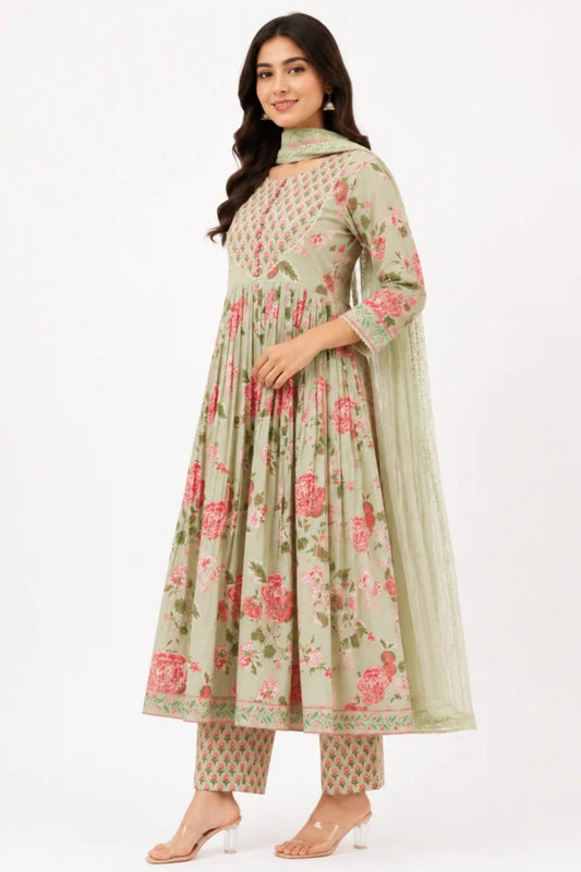 Women's Sage Green Floral Printed Anarkali Kurta Pant Dupatta Set