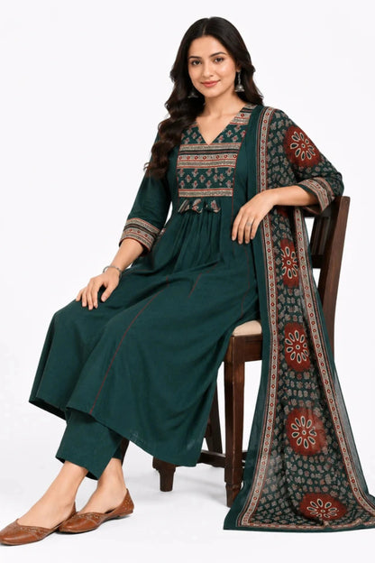 Women's Dark Green Printed Cotton Kurta Pant & Dupatta Set