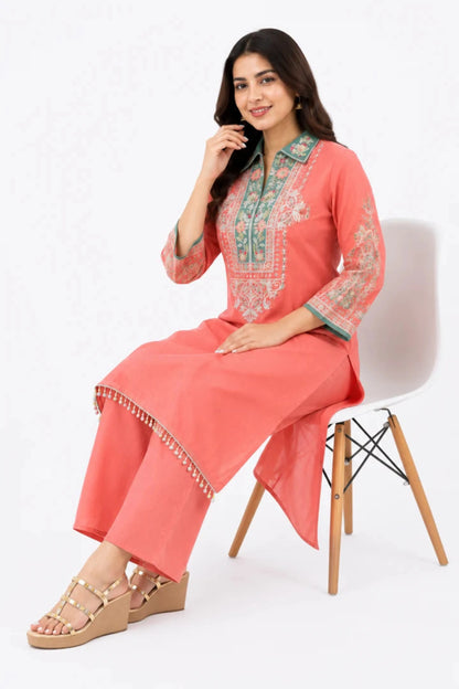 Women's Peach Embroidered Kurta Palazzo Set