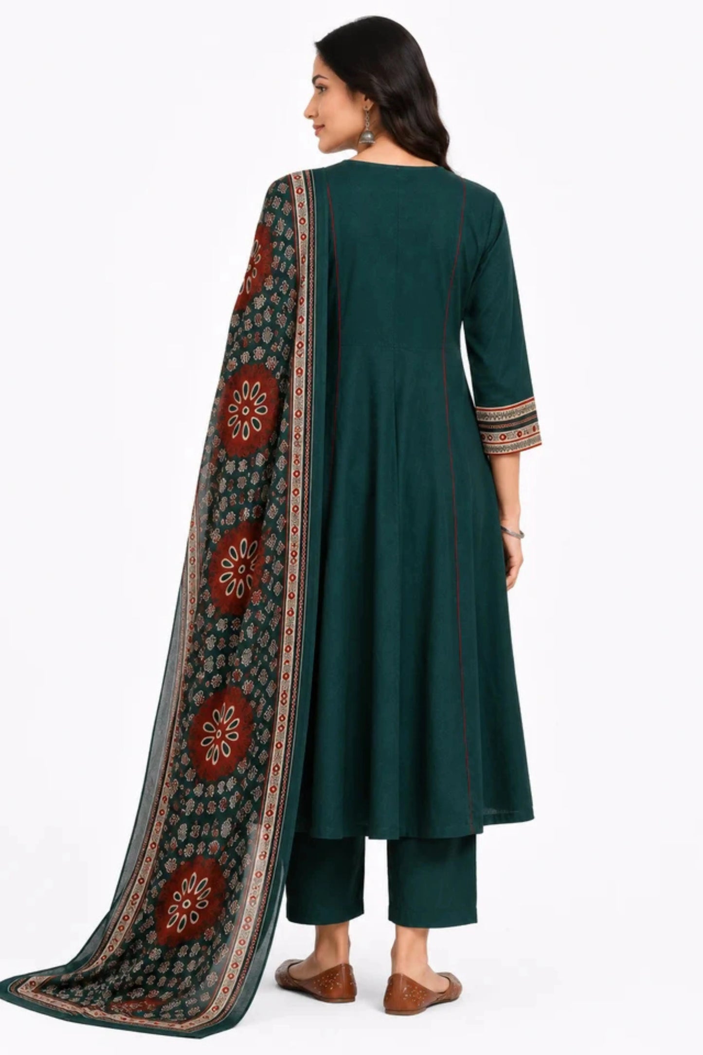 Women's Dark Green Printed Cotton Kurta Pant & Dupatta Set