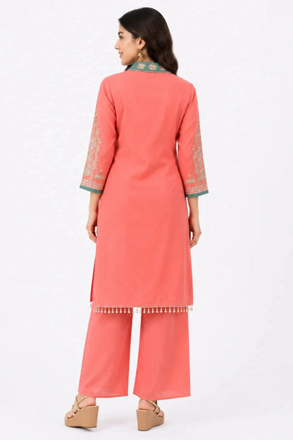 Women's Peach Embroidered Kurta Palazzo Set