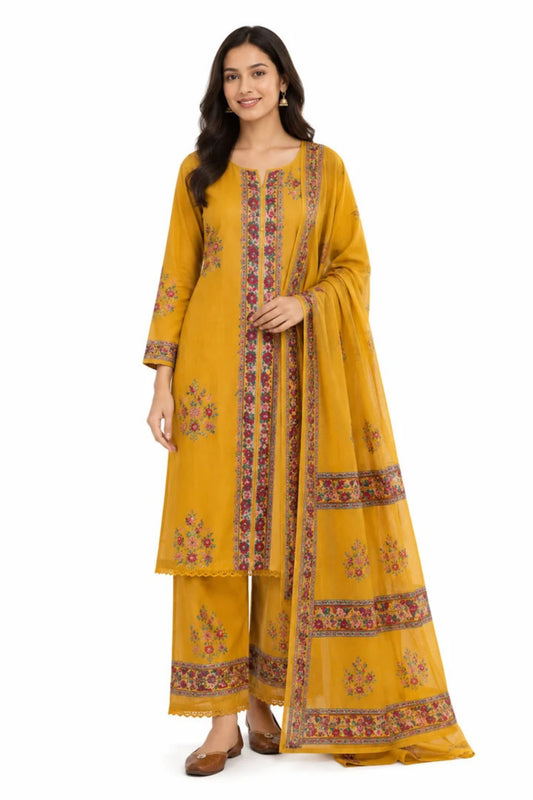 Mustard Floral Printed Cotton Kurta Set with Dupatta