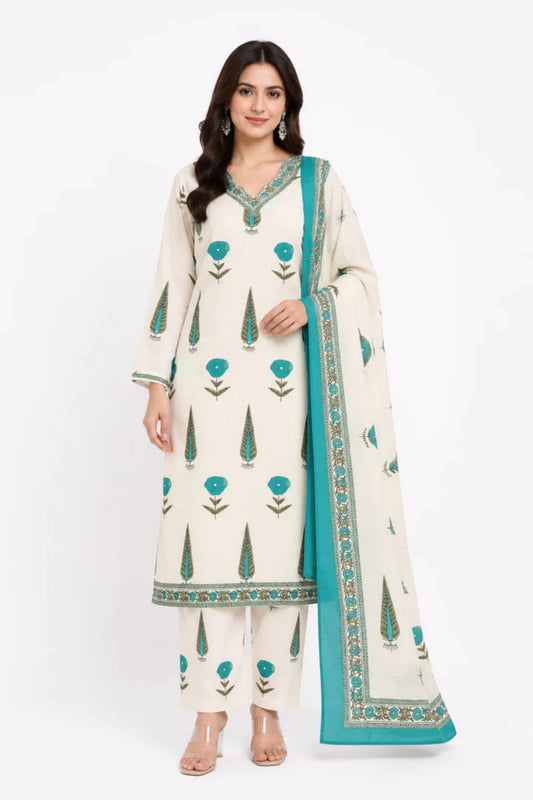 Ivory Cream & Turquoise Blue Floral Printed Cotton Kurta Pant Dupatta Set