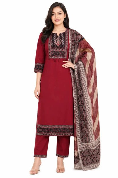 Maroon Printed Cotton Kurta Set with Printed Dupatta for Women