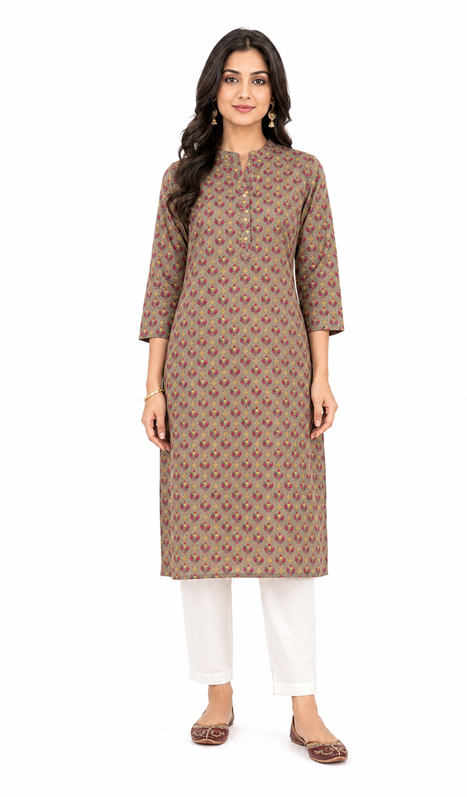 Printed Cotton Blend Straight Kurti – Taupe