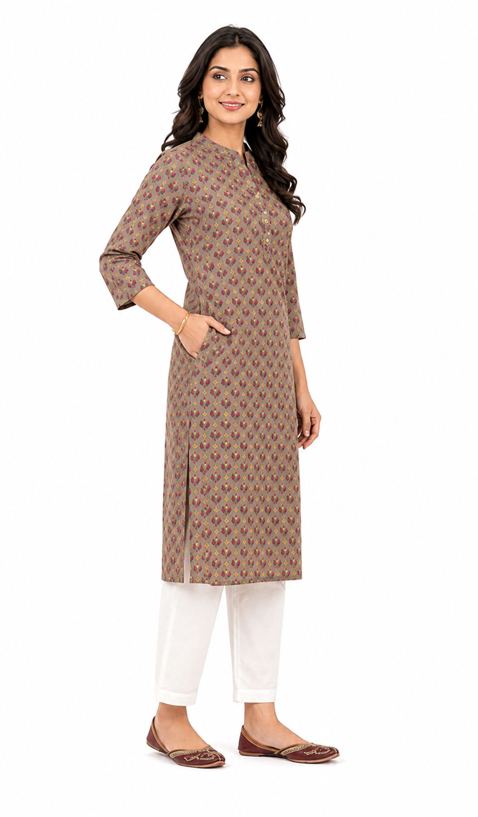 Printed Cotton Blend Straight Kurti – Taupe