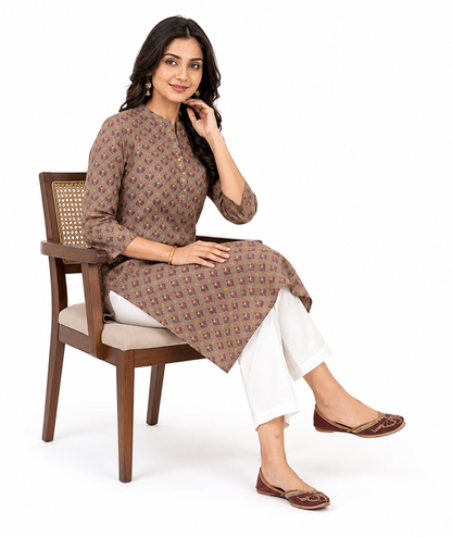 Printed Cotton Blend Straight Kurti – Taupe