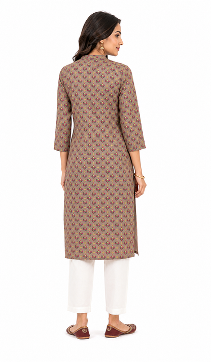 Printed Cotton Blend Straight Kurti – Taupe