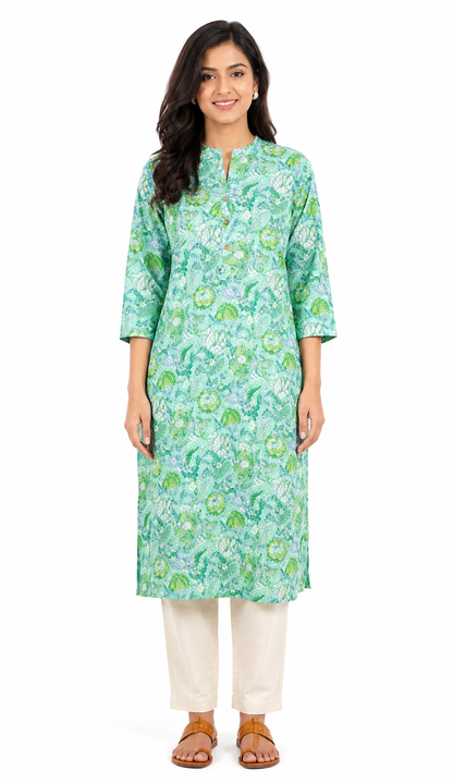 Mint Green Floral Printed Straight Kurti