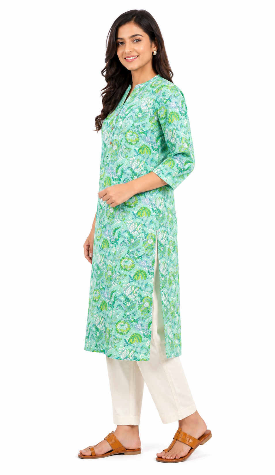 Mint Green Floral Printed Straight Kurti