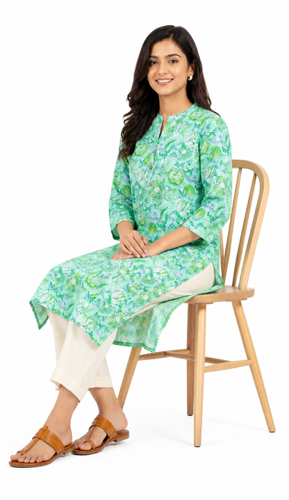 Mint Green Floral Printed Straight Kurti