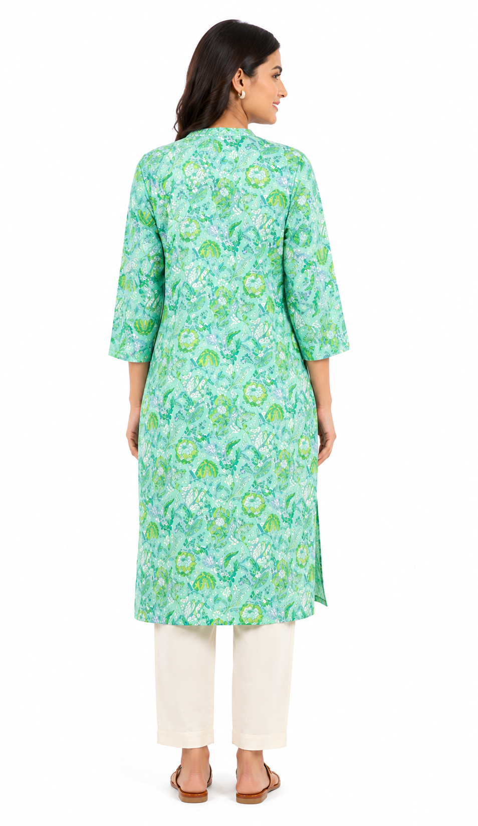 Mint Green Floral Printed Straight Kurti