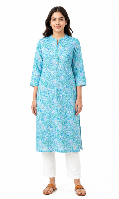 Turquoise Floral Printed Straight Kurti