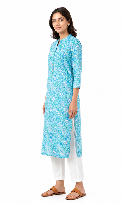 Turquoise Floral Printed Straight Kurti