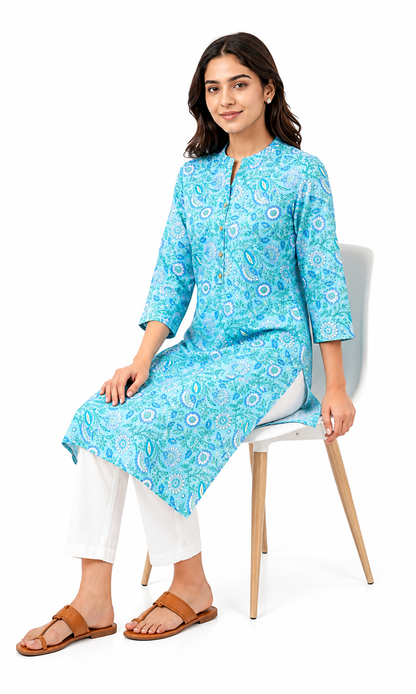 Turquoise Floral Printed Straight Kurti
