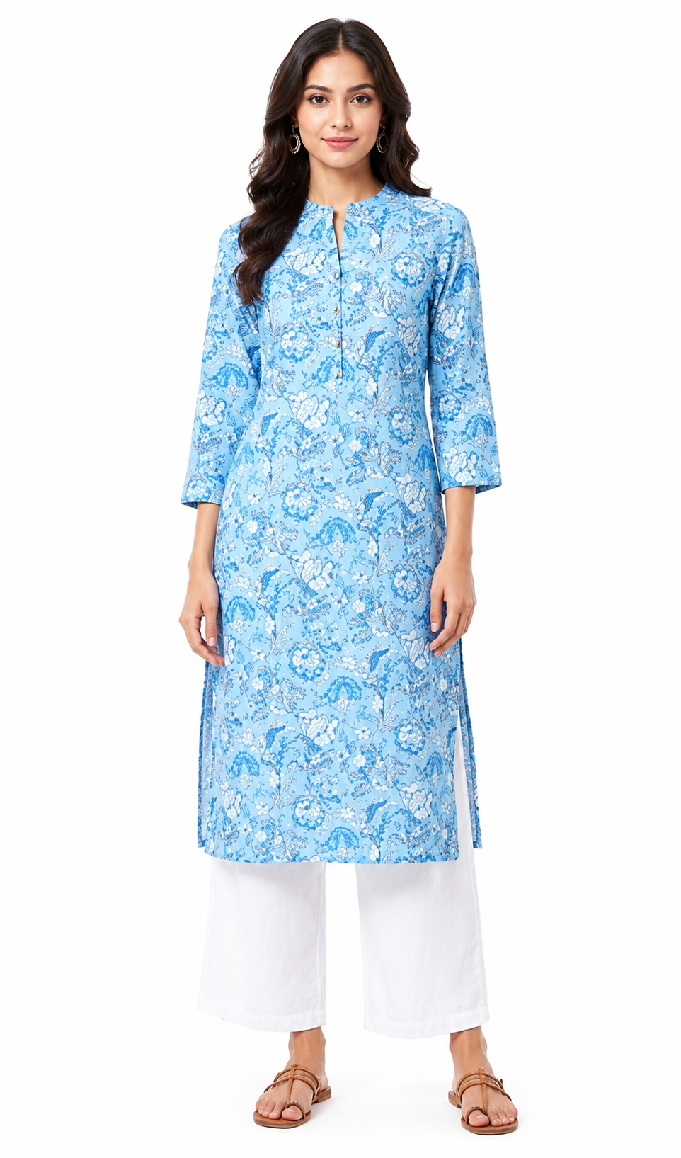 Blue Floral Printed Kurti for Women | Straight Fit 3/4 Sleeve Ethnic Kurta