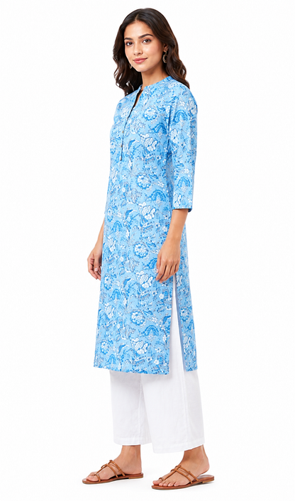 Blue Floral Printed Kurti for Women | Straight Fit 3/4 Sleeve Ethnic Kurta