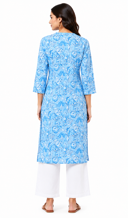 Blue Floral Printed Kurti for Women | Straight Fit 3/4 Sleeve Ethnic Kurta