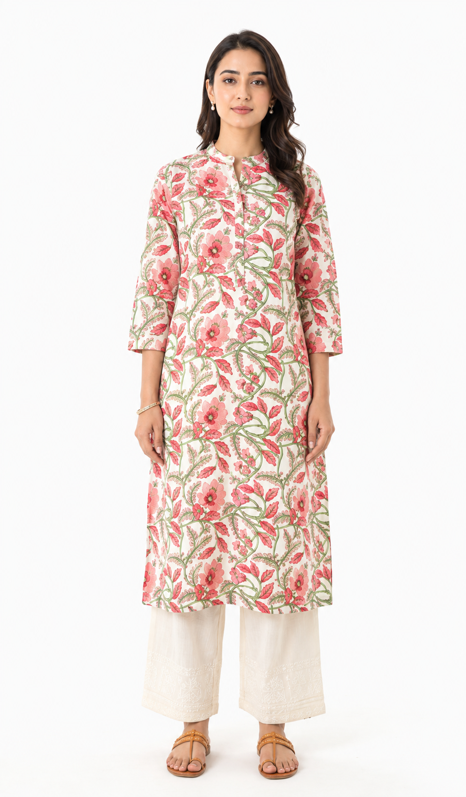 Floral Printed Mulmul Straight Kurti for Women | 3/4 Sleeve Cotton Kurti