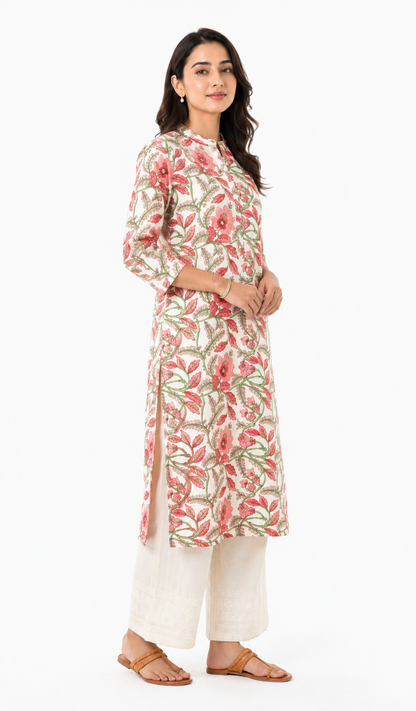 Floral Printed Mulmul Straight Kurti for Women | 3/4 Sleeve Cotton Kurti