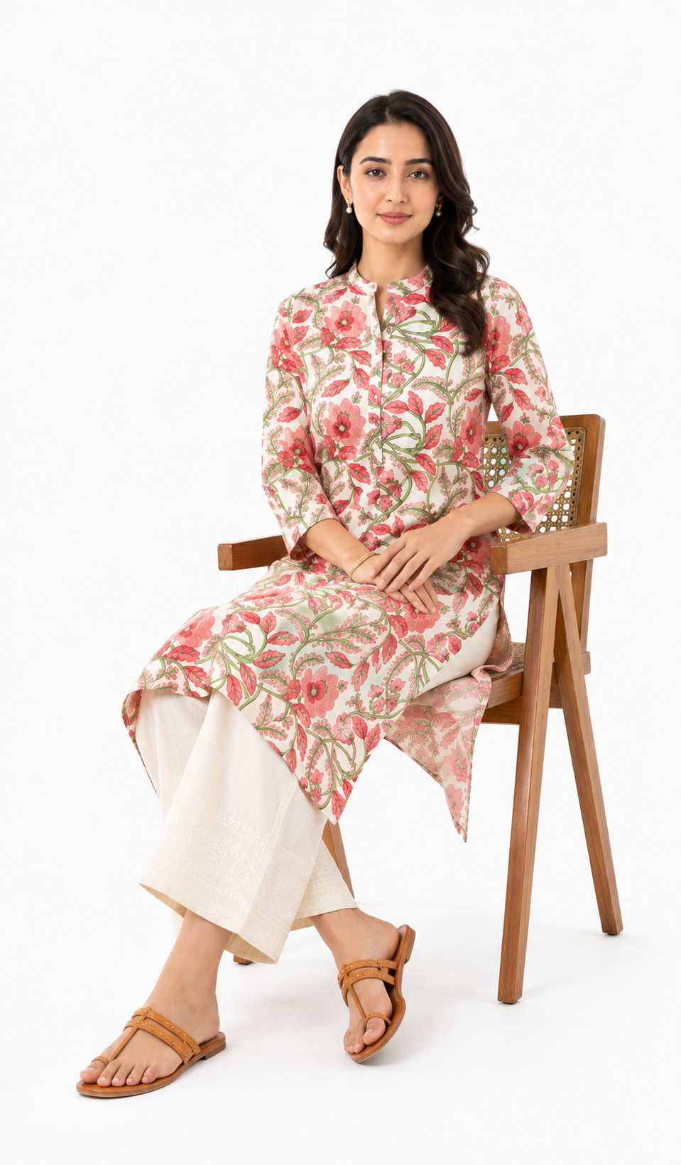 Floral Printed Mulmul Straight Kurti for Women | 3/4 Sleeve Cotton Kurti