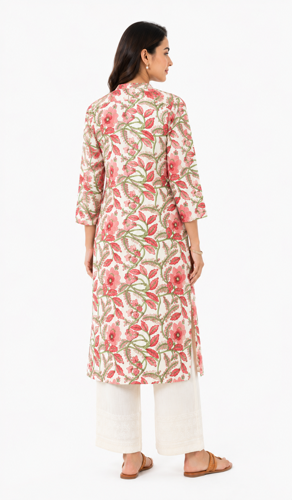 Floral Printed Mulmul Straight Kurti for Women | 3/4 Sleeve Cotton Kurti