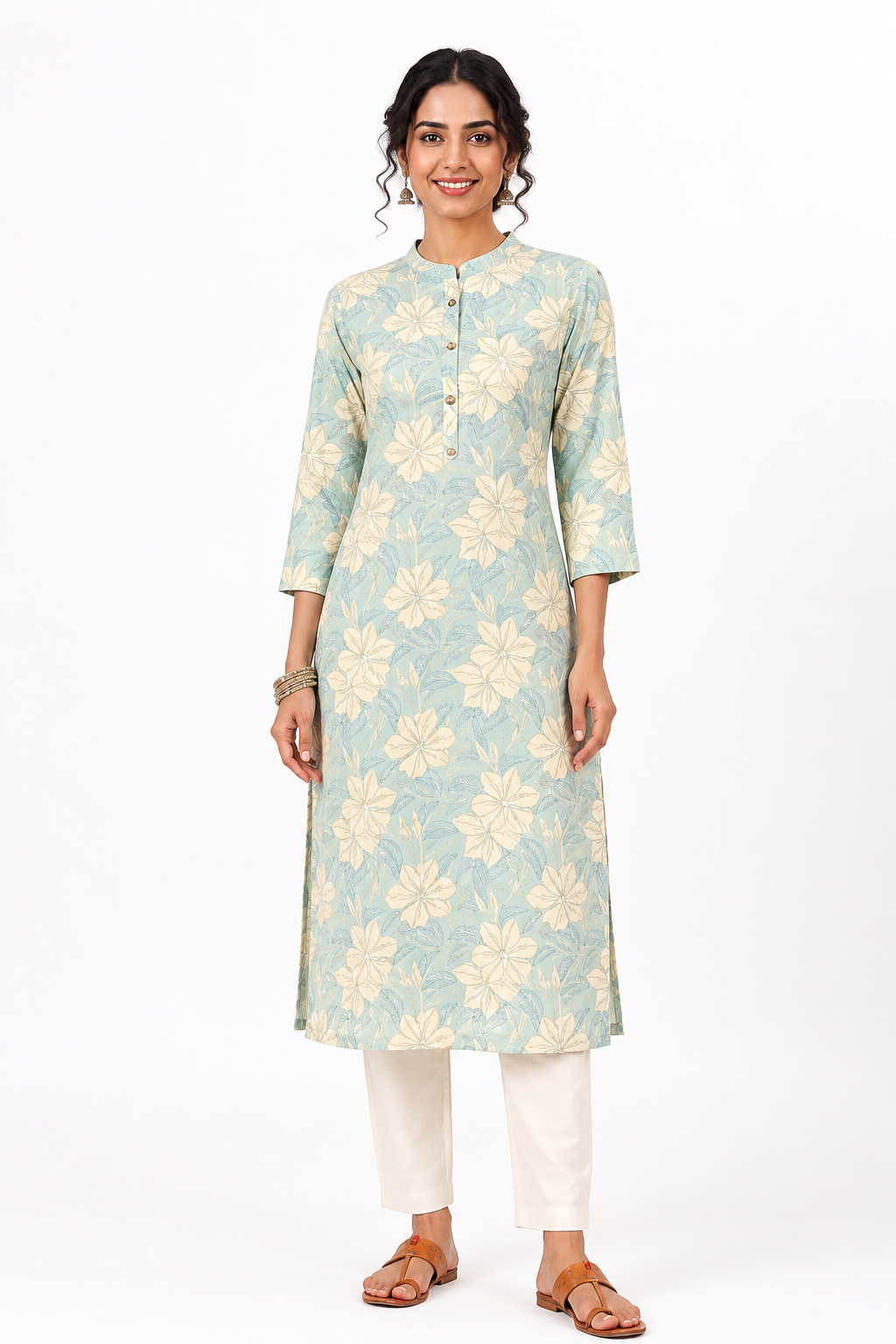 Seafoam Blue Floral Printed Straight Kurti