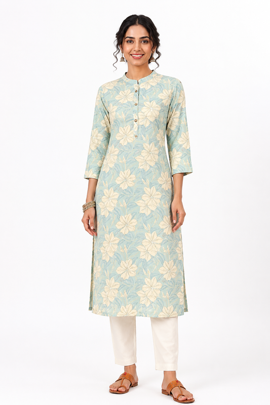 Seafoam Blue Floral Printed Straight Kurti