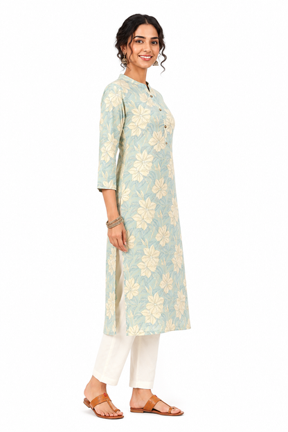 Seafoam Blue Floral Printed Straight Kurti