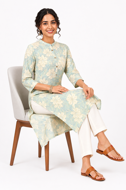 Seafoam Blue Floral Printed Straight Kurti