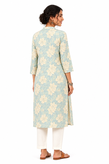 Seafoam Blue Floral Printed Straight Kurti