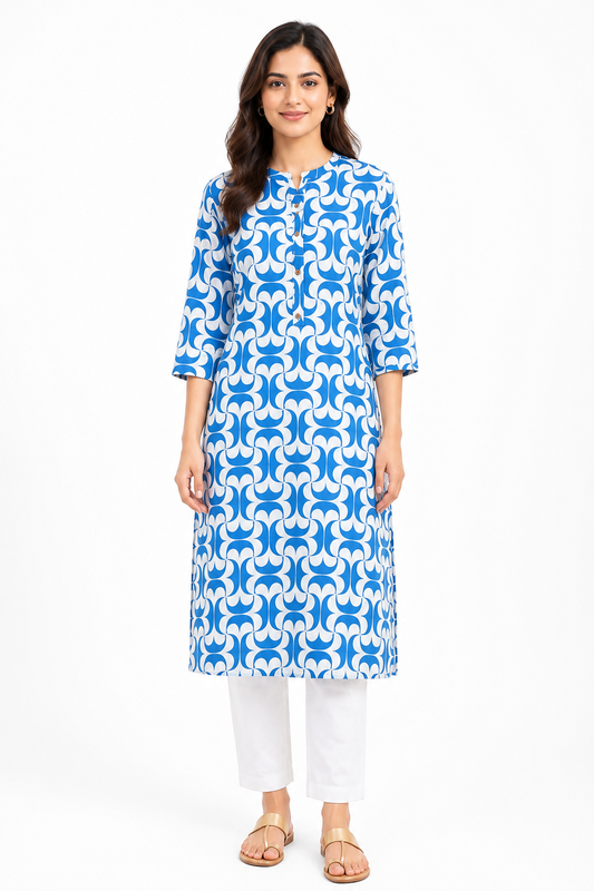 Blue & White Geometric Printed Straight Kurti