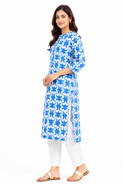 Blue & White Geometric Printed Straight Kurti