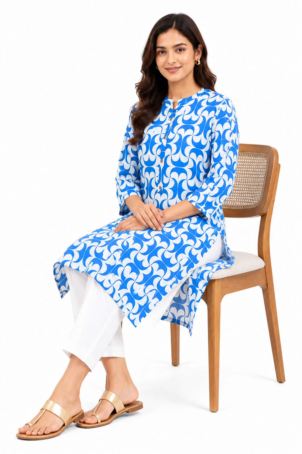 Blue & White Geometric Printed Straight Kurti