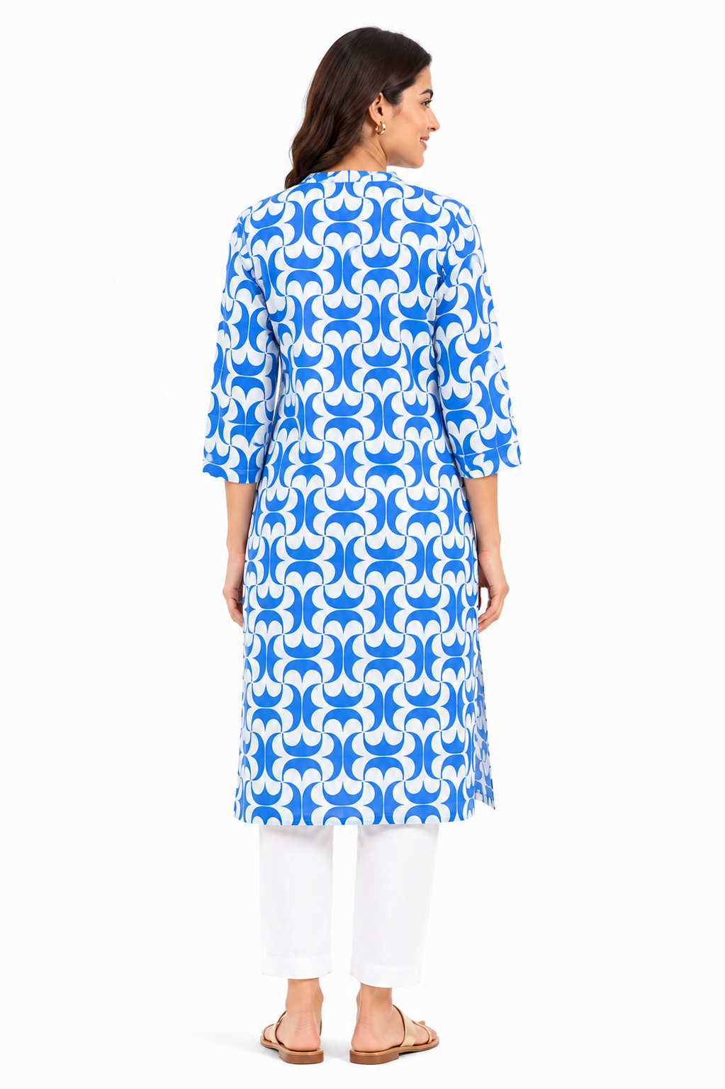 Blue & White Geometric Printed Straight Kurti