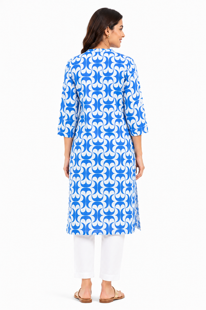 Blue & White Geometric Printed Straight Kurti